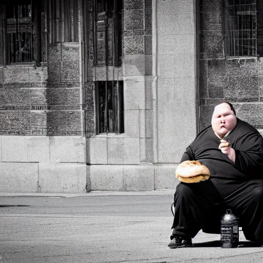 Image similar to a fat man eating a bagel while seagulls yell at him, award winning photograph, 8k,