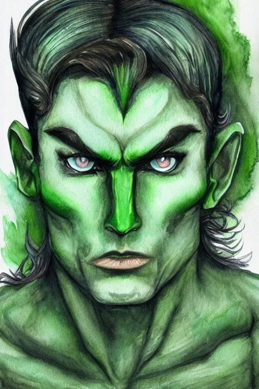 Prompt: green man with prominent cheekbones, deep dimples, and strong jawline. blue eyes, green skin, black hair with white streaks. fantasy portrait illustration, watercolor and colored pencils.