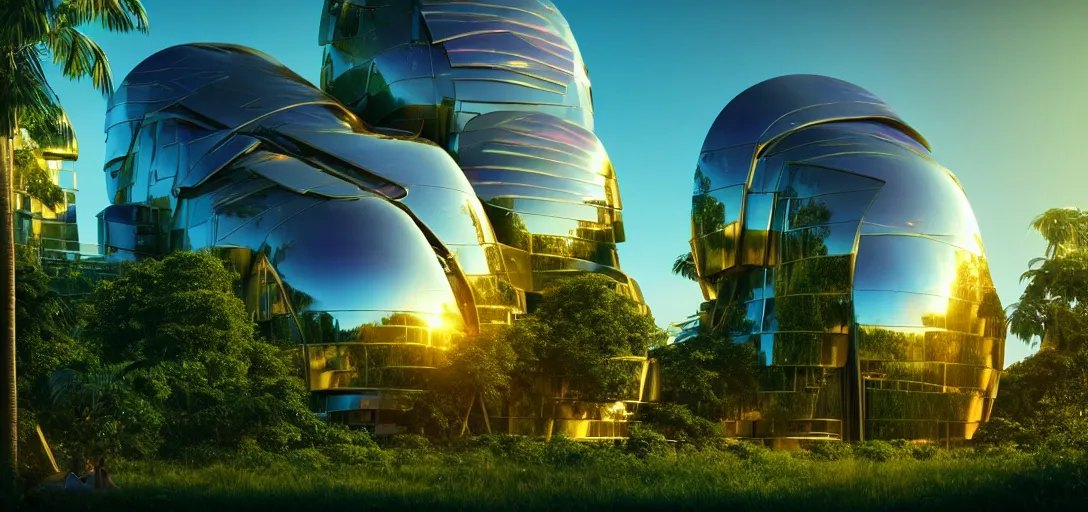 Image similar to futuristic shinny golden iridiscent mirror building in an jungle landscape of a biopunk city by frank gehry and zaha hadid, movie poster, golden ratio, evening lighting, film still, realistic, octane render redshift arnold materials unreal engine, 8 k post production, hyper detailed