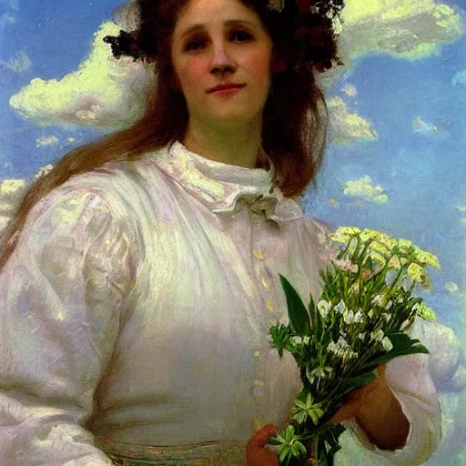 Image similar to portrait of a woman in the clouds with flowers by iliya repin