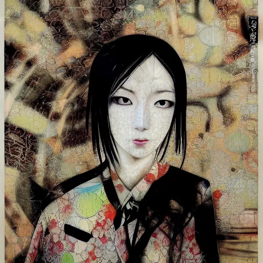 Image similar to yoshitaka amano blurred and dreamy realistic three quarter angle portrait of a woman with white hair and black eyes wearing dress suit with tie, junji ito abstract patterns in the background, satoshi kon anime, noisy film grain effect, highly detailed, renaissance oil painting, weird portrait angle, blurred lost edges