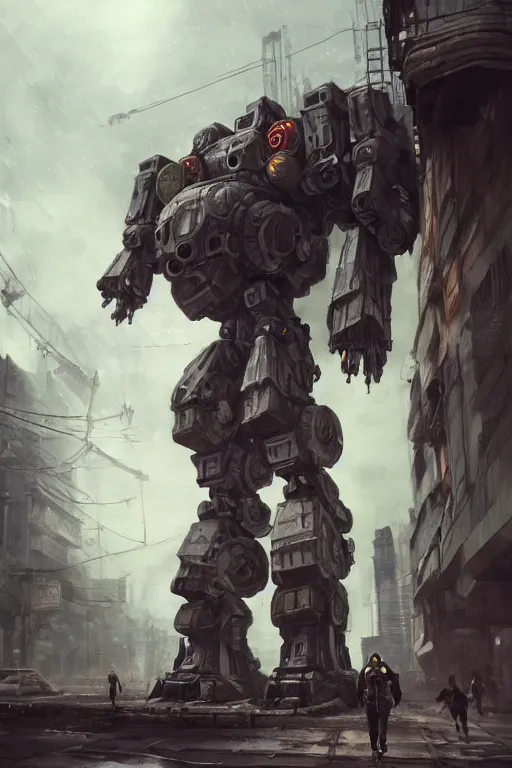 Prompt: ultra realist and ultra intricate detailed soft painting of a large mecha, standing in a post-apocalyptic street, sensual gloomy style, volumetric clouds, artstation, unreal render, depth of field