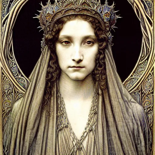 Prompt: detailed realistic beautiful young medieval queen face portrait by jean delville, gustave dore and marco mazzoni, art nouveau, symbolist, visionary, gothic, pre - raphaelite, art forms of nature by ernst haeckel