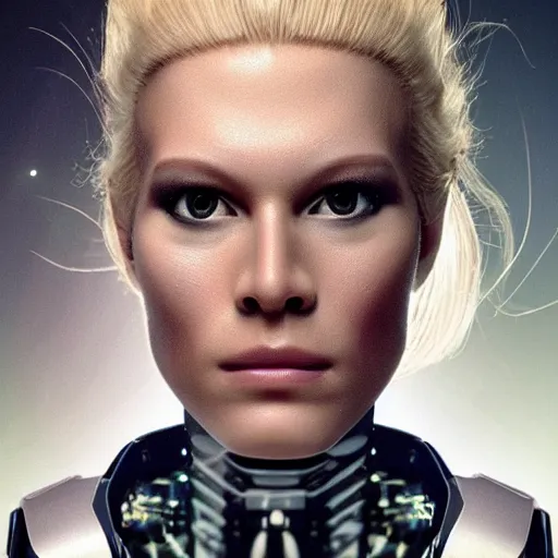 Prompt: wide angle shot of a very pretty blond borg queen on a borg ship, cybernetic implants, perfect face, symmetrical face, moody lighting, shallow depth of field, 8 k, ultra realistic,