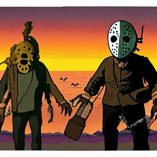 Image similar to Leatherface and Jason voorhees in a Wes Anderson style horror movie