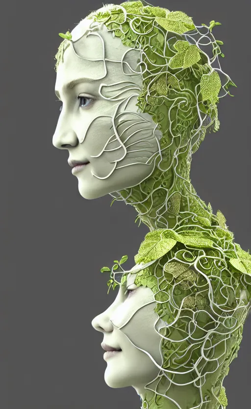 Prompt: complex 3d render of a beautiful porcelain profile woman face, vegetal dragon cyborg, 150 mm, beautiful natural soft light, rim light, silver gold metallic details, magnolia lime green big leaves and stems, ultra detailed , roots, fine lace, maze like, mandelbot fractal, anatomical, facial muscles, cable wires, microchip, elegant, white metallic armour, octane render, black and white, H.R. Giger style