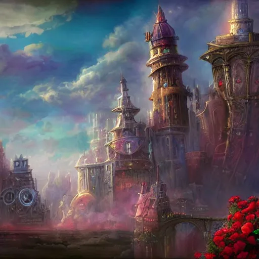 Image similar to rose - shaped city, sky, fantasy art, steampunk