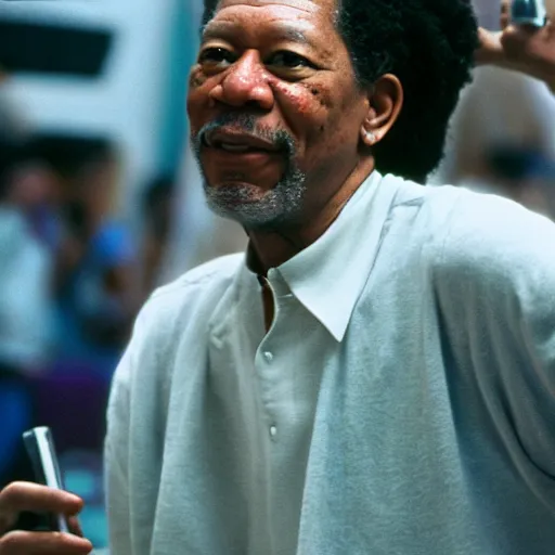 Prompt: a film still of Morgan Freeman starring as Calvin Cambridge in Like Mike (2002), 40mm lens, shallow depth of field, split lighting