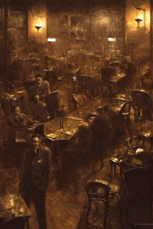 Prompt: An empty jazz cafe as a Mafia: Definitive Edition loading screen, upper body, highly detailed, intricate, sharp details, dystopian mood, 1950 scene by gaston bussiere, craig mullins, somber lighting, drawn by Giacomo Burattini, inspired by graphic novel cover art