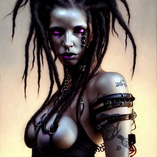 Image similar to portrait of a female cybergoth dreadlocks, dark, piercing eyes, exotic expression, esoteric clothing, photorealistic, highly detailed, mysterious lighting, artstation, smooth, sharp focus, art by michael whelan, artgerm, greg rutkowski and luis royo