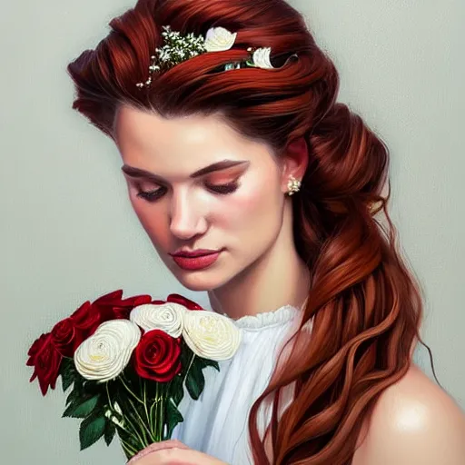 Image similar to portrait of a gorgeous woman holding a bouquet of roses in the style of stefan kostic, auburn hair, intricate, white dress, elegant, highly detailed, 8 k, art by artgerm, mark hill