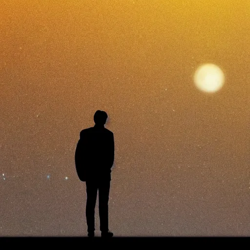 Image similar to 4K ultra HD detailed award-winning wallpaper silhouette of lonely man standing looking at Earth from far away huge vast sky universe