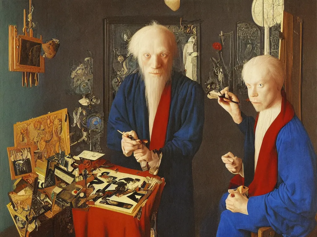 Image similar to Portrait of albino mystic with blue eyes, painting his self-portrait. Painting by Jan van Eyck, Audubon, Rene Magritte, Agnes Pelton, Max Ernst, Walton Ford