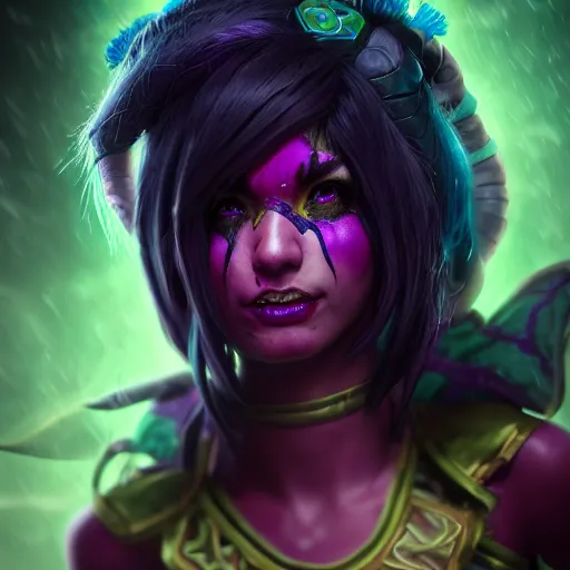 Image similar to Portrait of Neeko from League of Legends as a Character from Mortal Kombat 11, anger, mystery, fear, highly detailed, ominous vibe, smoke, octane render, cgsociety, artstation, trending on ArtStation, by Travis Sergio Diaz