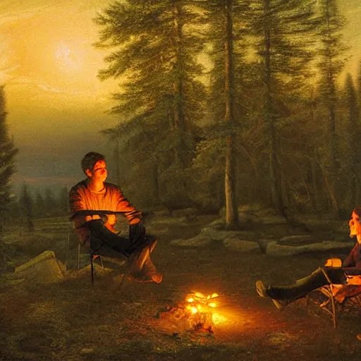 Image similar to guy and girl sitting beside cozy campfire at night, digital art by Ivan Shishkin