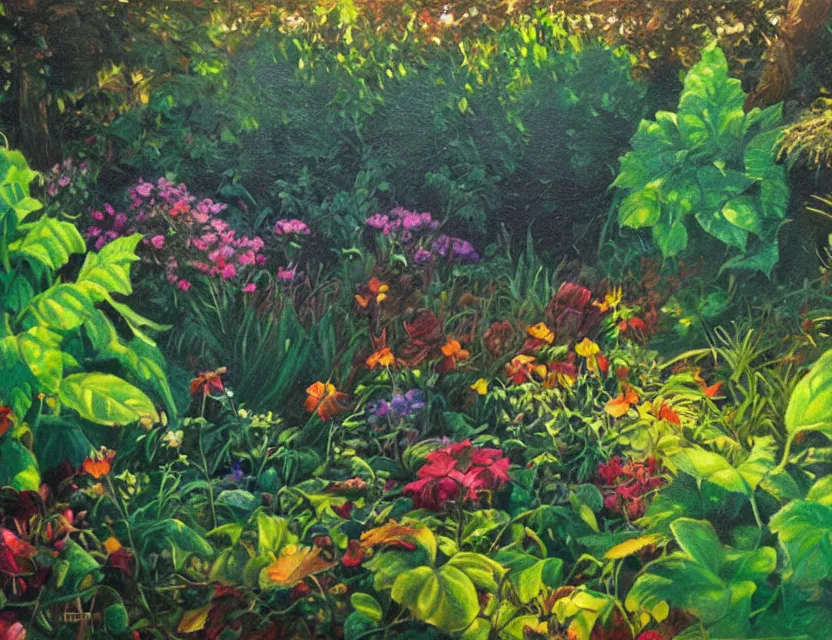 Prompt: golden ratio in the garden. oil painting by award - winning comic artist. backlighting, chiaroscuro, depth of field, luminescent colors.