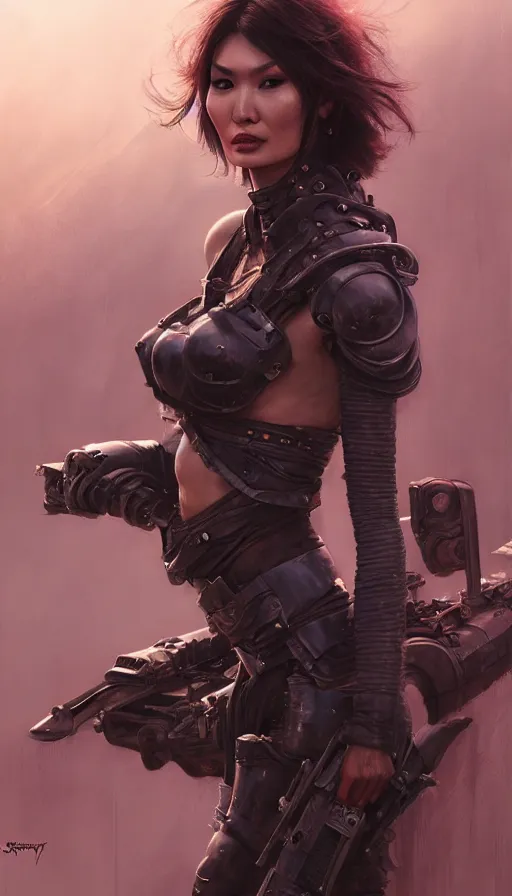 Image similar to road warrior, gemma chan beautiful girl, poetic, gorgeous, muscle cars, weapons, dystopian, grindhouse, george miller, made by stanley artgerm lau, wlop, rossdraws, james jean, andrei riabovitchev, marc simonetti, yoshitaka amano, beksinski artstation, cgsociety