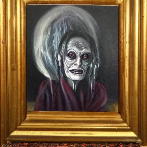 Image similar to creepy old cursed witch watching you sleep, eerie, haunted, oil painting