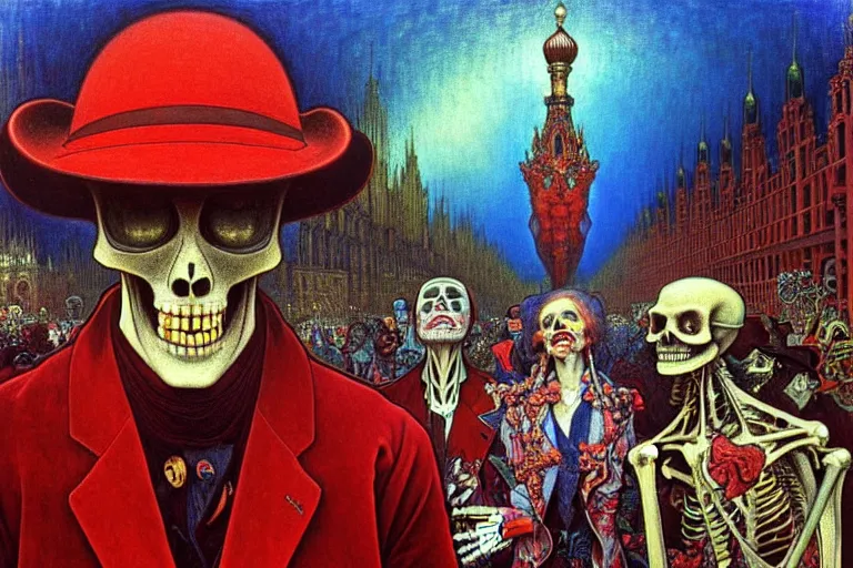 Image similar to realistic detailed closeup portrait painting of a single skeleton wearing red velvet blazer in a crowded futuristic moscow street by Jean Delville, Amano, Yves Tanguy, Alphonse Mucha, Ernst Haeckel, Edward Robert Hughes, Roger Dean, rich moody colours, blue eyes