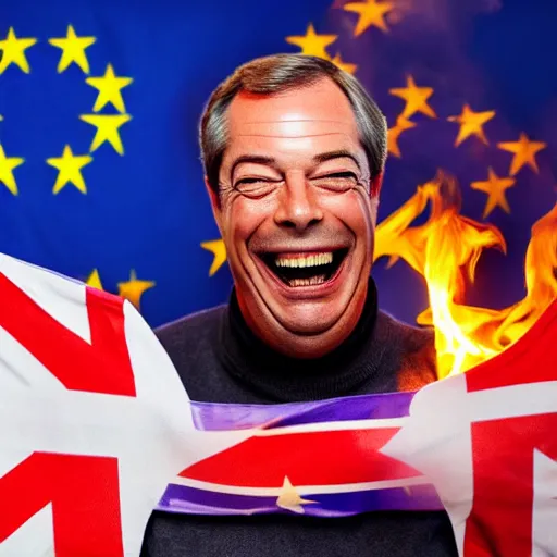 Image similar to nigel farage laughing holding burning eu flag, studio photograph, hd, studio