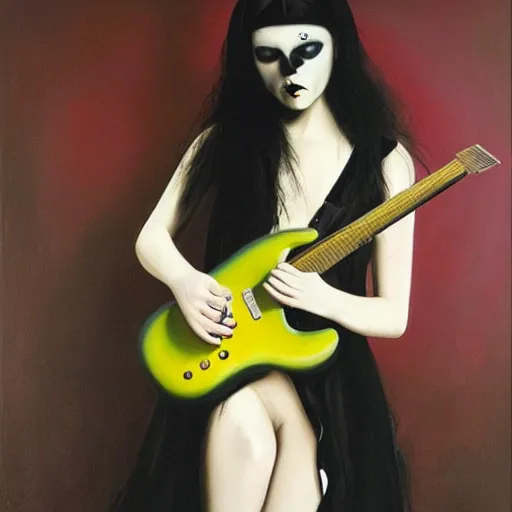 Image similar to Goth girl playing electric guitar by Mario Testino, oil painting by Gottfried Helnwein, masterpiece