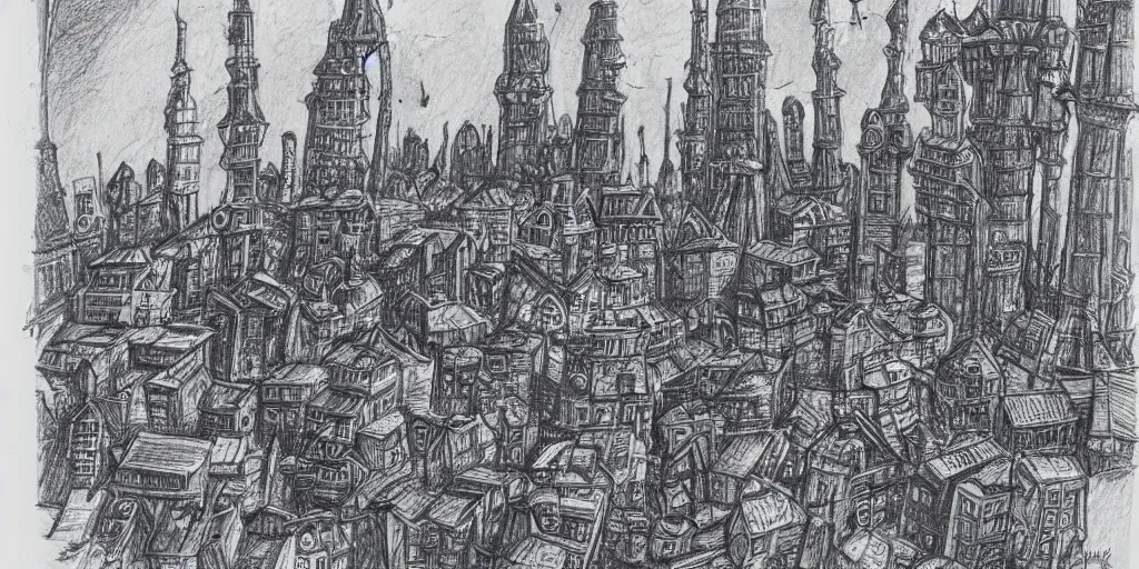 Prompt: Blue ballpoint pen drawing of a concept art of a stone town in orbit around a tower with amazing details by Maurice Sendak.