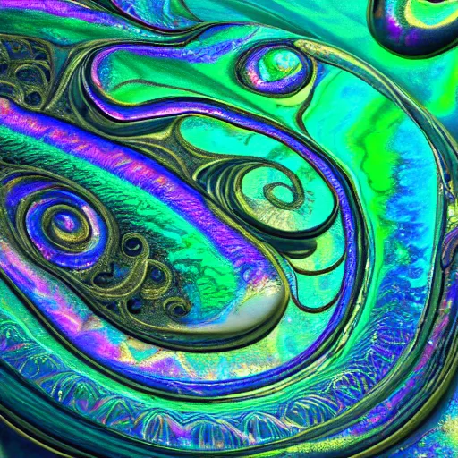 Image similar to Art Nouveau cresting oil slick waves, hyperdetailed bubbles in a shiny iridescent oil slick wave, black opal, abalone, paua shell, ornate copper patina medieval ornament, rococo, oganic rippling spirals, octane render, 8k 3D