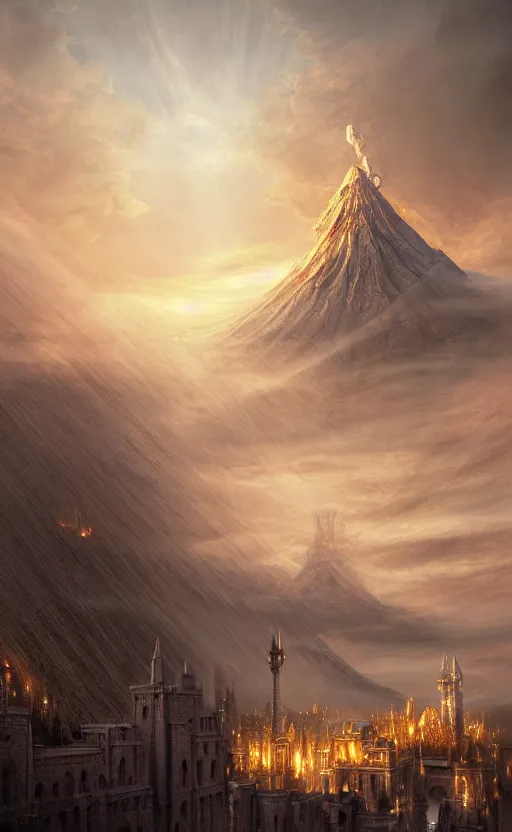 Image similar to beautiful gold fantasy city made from white stone and bright copper built on the side of a volcano, gondor, misty, red sky, medieval city, metropolis, magic, gorgeous clouds, white marble, god rays, digital art, landscape, fantasy art, octane render, ureal engine, high detail, very realistic, by greg rutkowski. by james gurney