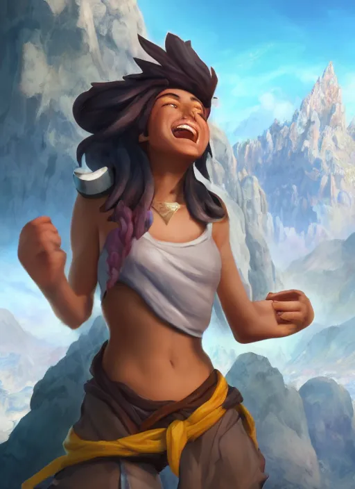 Prompt: joyful taliyah, from league of legends, au naturel, with abs, rock climbing, hyper detailed, mountain background, digital art, trending in artstation, cinematic lighting, studio quality, smooth render, unreal engine 5 rendered, octane rendered, art style by klimt and nixeu and ian sprigger and wlop and krenz cushart