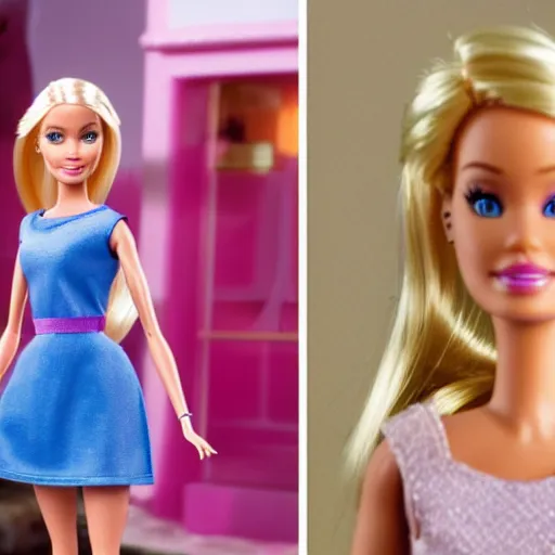 Image similar to barbie in real life live action remake, 4 k, film still, live action, realistic, human, actress