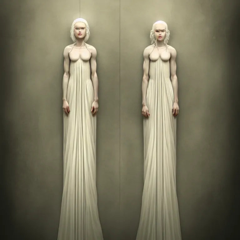 Image similar to alone with herself wonderful symmetrical woman albino goddess with a wonderful face with a beautiful porcelain symmetrical body dressed with a majestic semi transparent cream long cotton dress, hightly ornate, intricate, detailed, dramatic light, award winning, octane render, tom bagshaw style