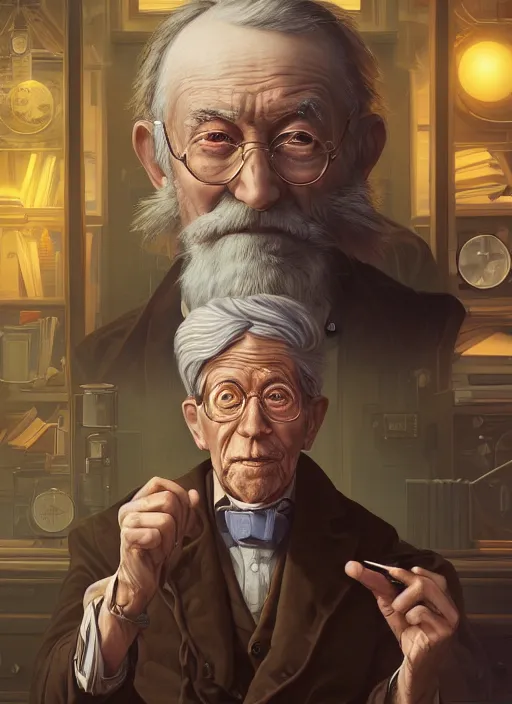 Image similar to portrait of elderly 1 9 th century genius inventor by dan mumford, yusuke murata, makoto shinkai, ross tran, cosmic, intricate detail, cinematic, 8 k, cel shaded, unreal engine, featured on artstation, pixiv