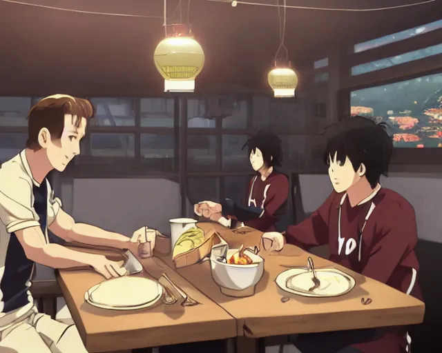 Image similar to harry kane and son heung-min eating dinner at a restaurant, slice of life anime, lighting, anime scenery by Makoto shinkai