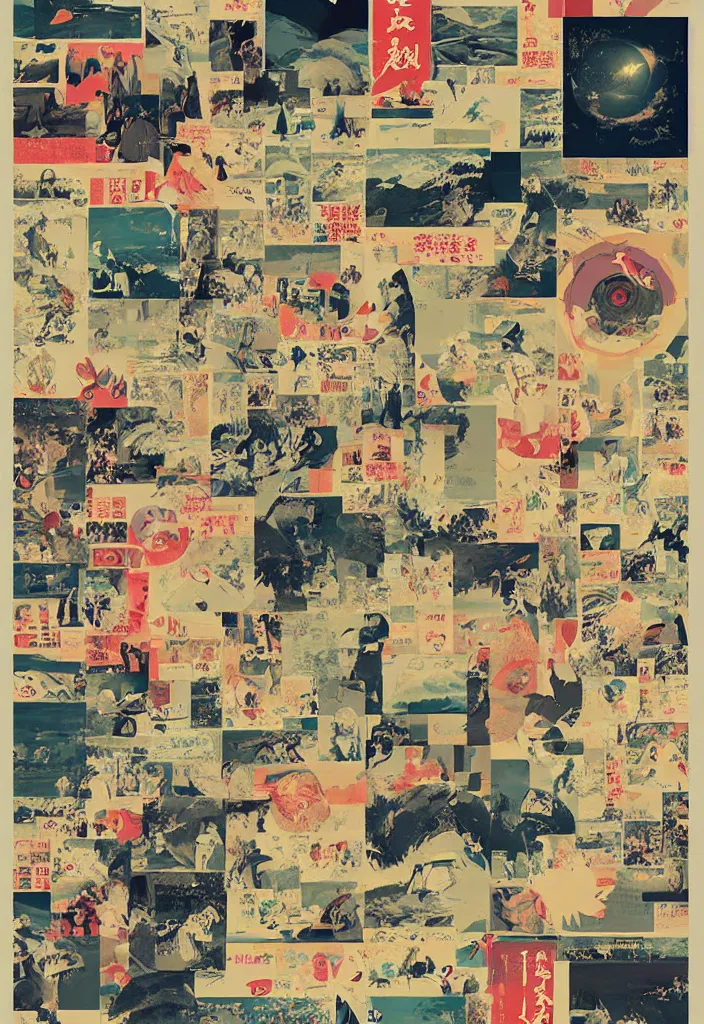 Prompt: highly creative award winning poster art collage to promote a TV series about discovering the wonders of the Japanese countryside, bold graphic design