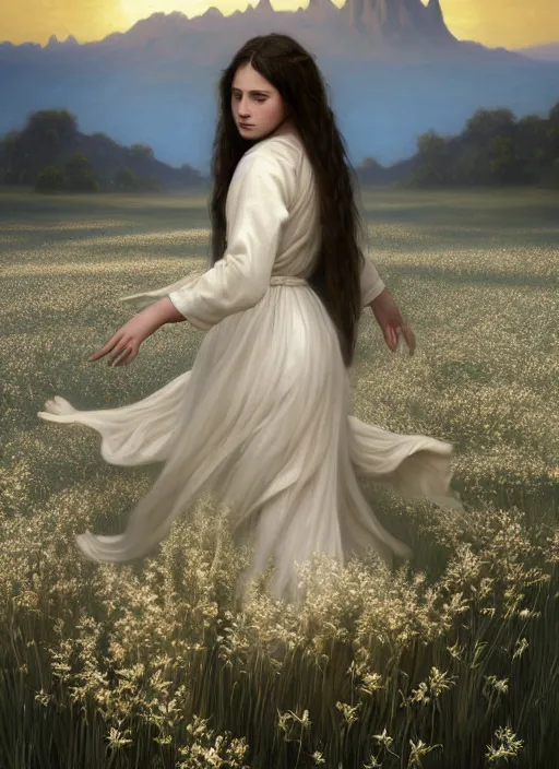 Image similar to oil painting portrait of a young woman with long dark flowing hair in a dress made of white flowers, dancing levitating floating over a field of flowers at sunset with mountains in the background, hazy, digital art, chiaroscuro, artstation, cinematic, golden hour, digital art painting by greg rutkowski, bouguereau, hazy atmosphere, flowers, cinematic lighting