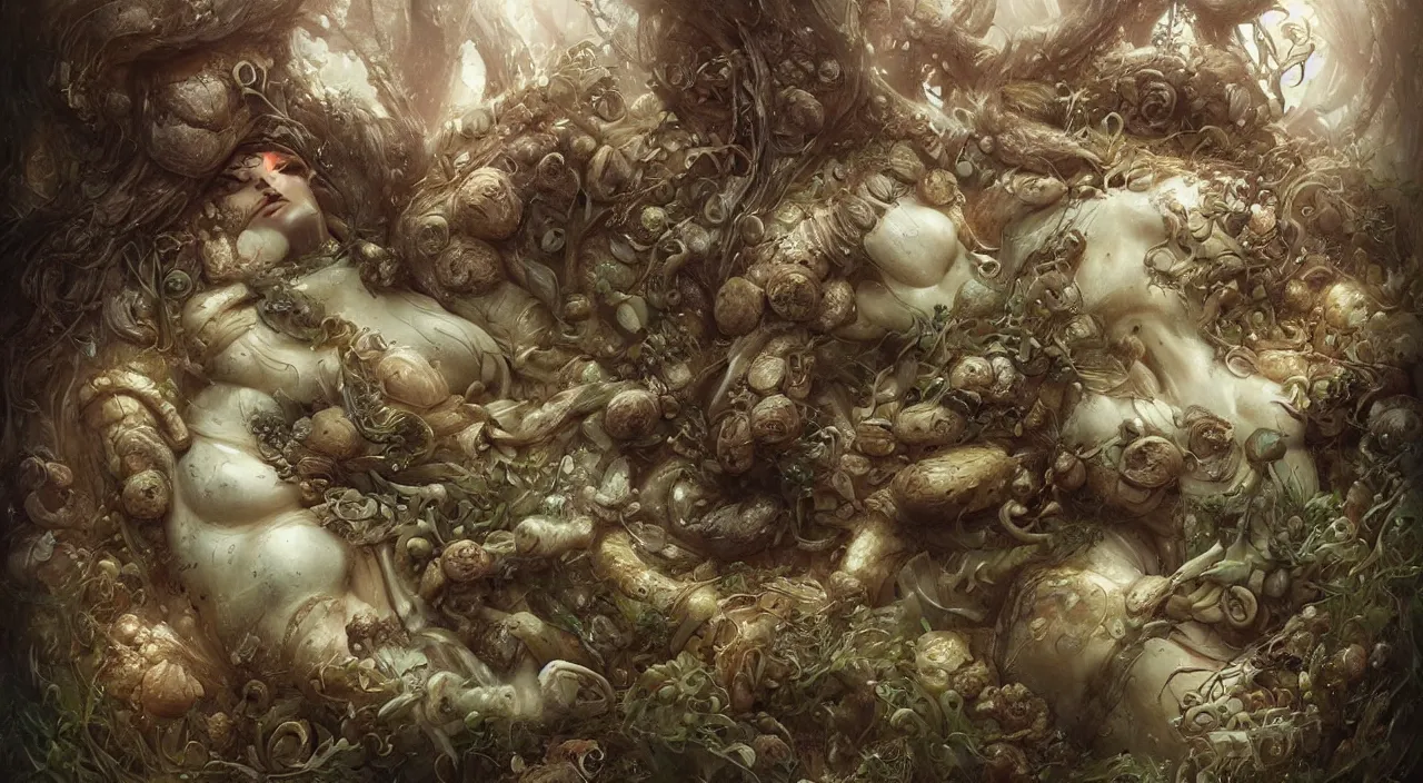 Image similar to a bio - mechanical pretty sleeping giant woman with mushrooms as camouflage, by ellen jewett, tomasz alen kopera and justin gerard : 3