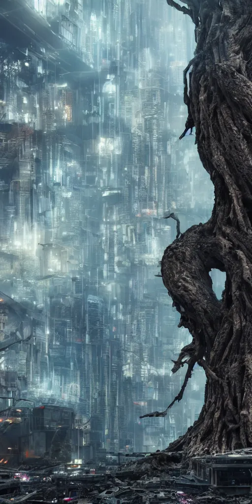 Image similar to an ancient tree destroying a dystopian city, cyberpunk, sharp focus, dynamic lights, still, photograph, hyper realistic, masterpiece, octane render, rendered, 3 d, cinematic, cinematic lighting, dramatic lighting, highly detailed, intricate details, texture, cinematic composition, wide shot, by donglu yu and kevin jick and eddie del rio