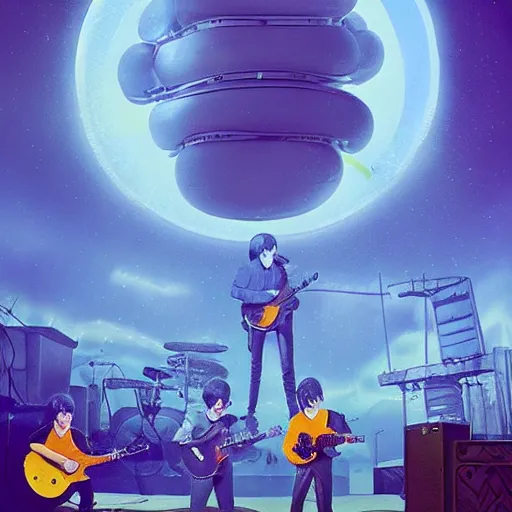 Image similar to the beatles performing with guitars, a giant yellow minion at background, sci fi, art by mike winkelmann, trending on cgsociety, retrofuturism, darksynth, sci - fi