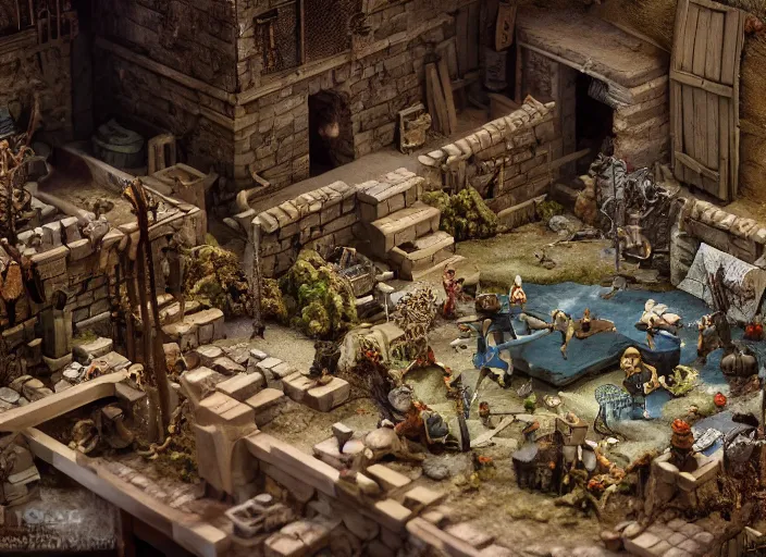 Prompt: detailed studio photography of a claymation diorama of an isometric dungeon game level design, zeiss lens, detailed, by erwin olaf, joop geesink, wes anderson, jim henson, brian froud, breathtaking, 8 k resolution, beautiful lighting, studio light, extremely detailed, establishing shot, realistic materials, hyperrealistic