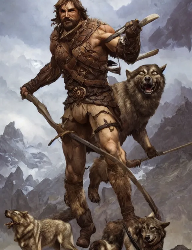 Image similar to portrait of a gruff ranger holding a spear, accompanied by a wolf dog, muscular, upper body, hairy body, D&D, fantasy, intricate, elegant, highly detailed, digital painting, artstation, concept art, matte, sharp focus, illustration, art by Artgerm and Greg Rutkowski and Alphonse Mucha