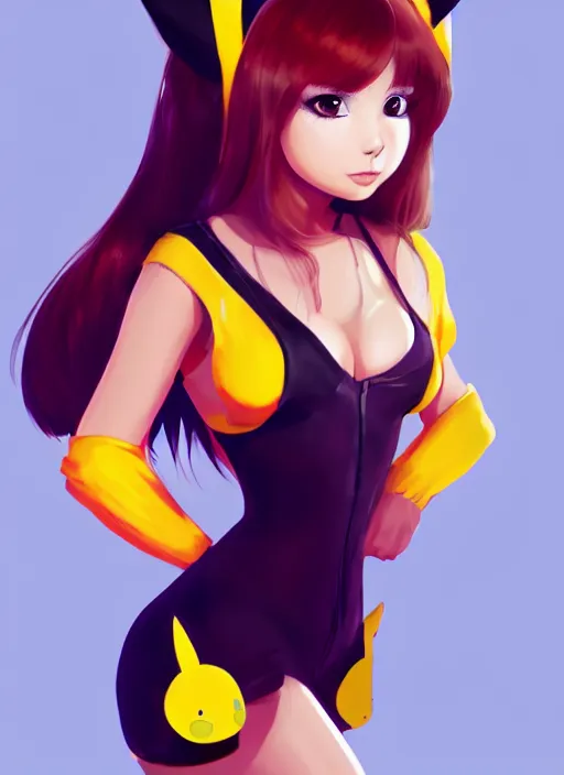 Image similar to a portrait of a hot girl in pikachu costume, grim - lighting, high - contrast, intricate, elegant, highly detailed, digital painting, artstation, concept art, smooth, sharp focus, illustration