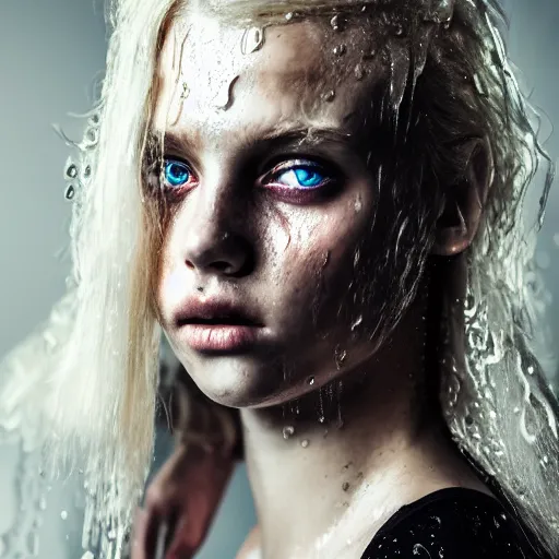 Image similar to A gorgeous blonde, grungy, unkept hair, glowing eyes, modelsociety, wet from rain, radiant skin, huge anime eyes, bright on black, dramatic, studio lighting, perfect face, intricate, Sony a7R IV, symmetric balance, polarizing filter, Photolab, Lightroom, 4K, Dolby Vision, Photography Award