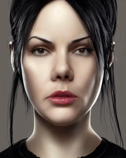 Image similar to portrait of a tall 4 0 - year - old woman with thin lips, long, lush black hair gathered on the head bun, and thick eyebrows, haughty facial expression, wearing in black clothes, aristocratic appearance, hyper realistic face, beautiful eyes, character art, art by mark brooks, hyperdetailed, cryengine, trending on artstation, digital art