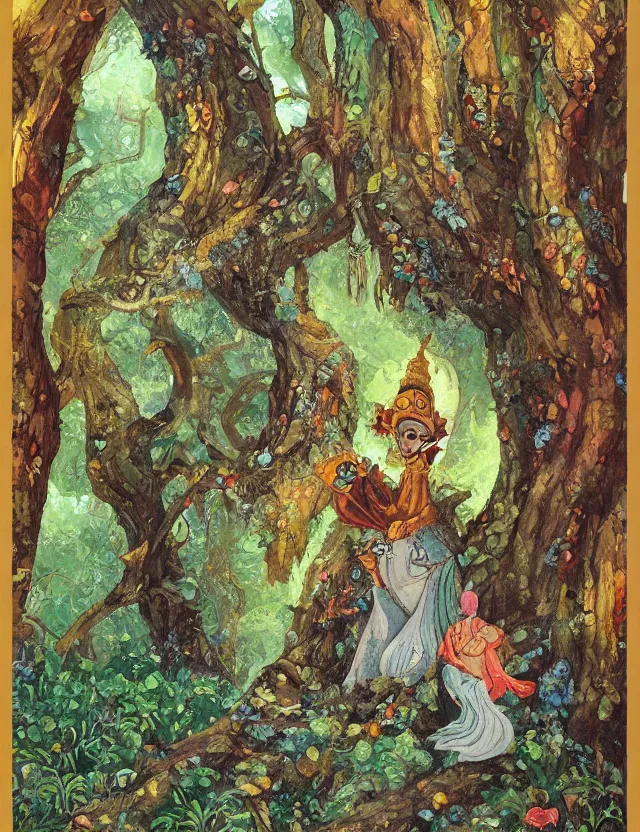 Prompt: middle eastern queen of the lichen woods. this heavily stylized oil painting by the beloved children's book illustrator has an interesting color scheme, plenty of details and impeccable lighting.