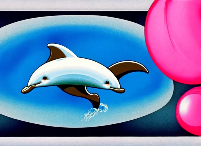 Image similar to professional 1980s airbrush illustration of a cheeky time-travelling dolphin wearing a powder wig floating above a swimming pool