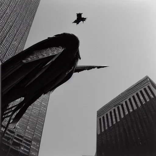 Prompt: a klingon bird of prey flying into the world trade center 1999 Polaroid photo