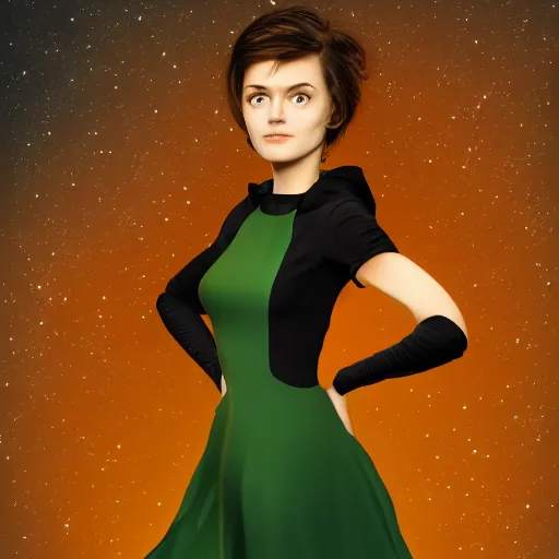 Prompt: a portrait photo of a young woman with short brown hair, a dress, and green eyes, floating in space, trending on artstation