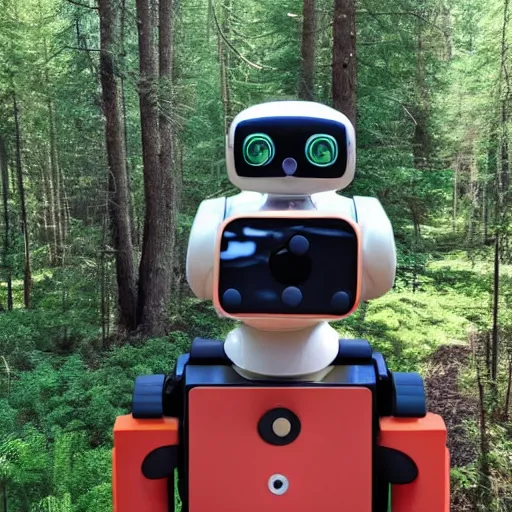 Image similar to A robot taking a selfie in the forest and grinning from ear to ear