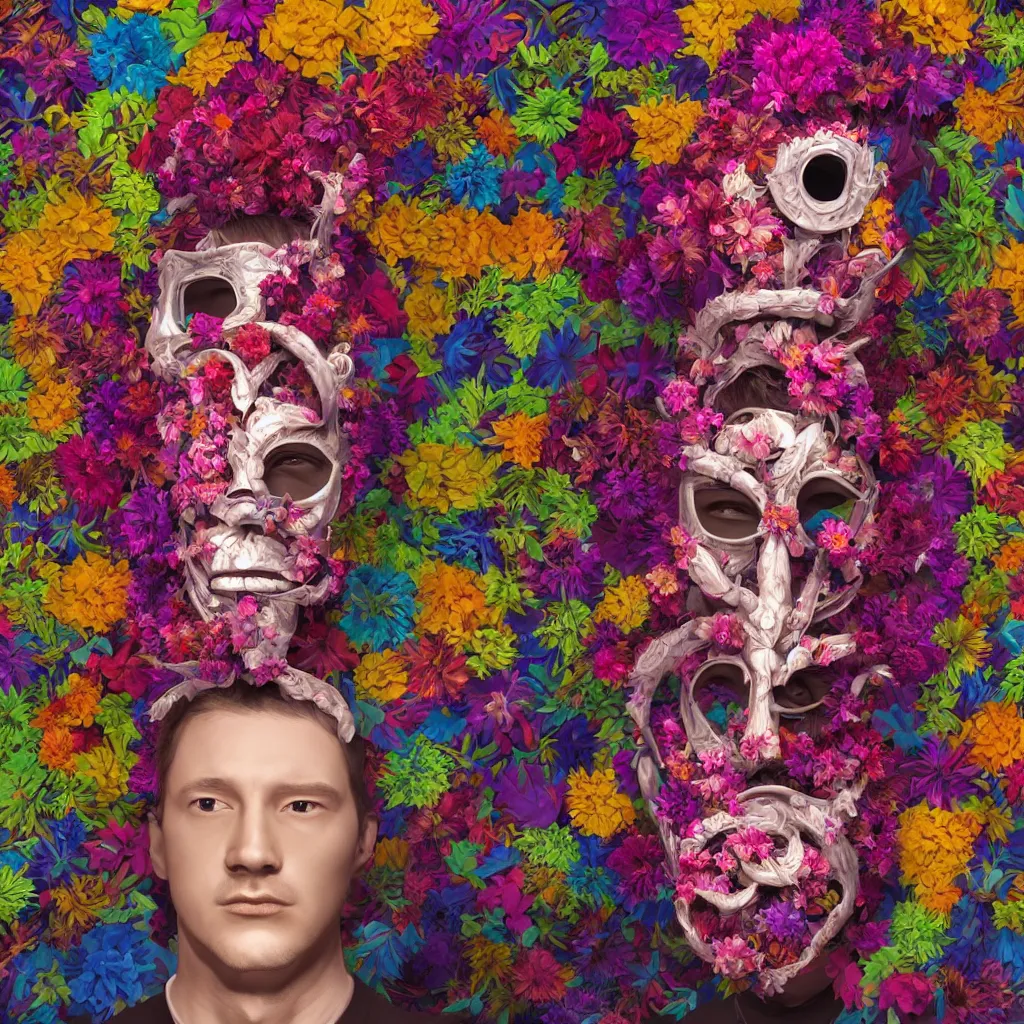 Prompt: a raytraced image of a man with a strange mask on his head, behance contest winner, award winning, masterpiece, pop surrealism, made of flowers, surrealist