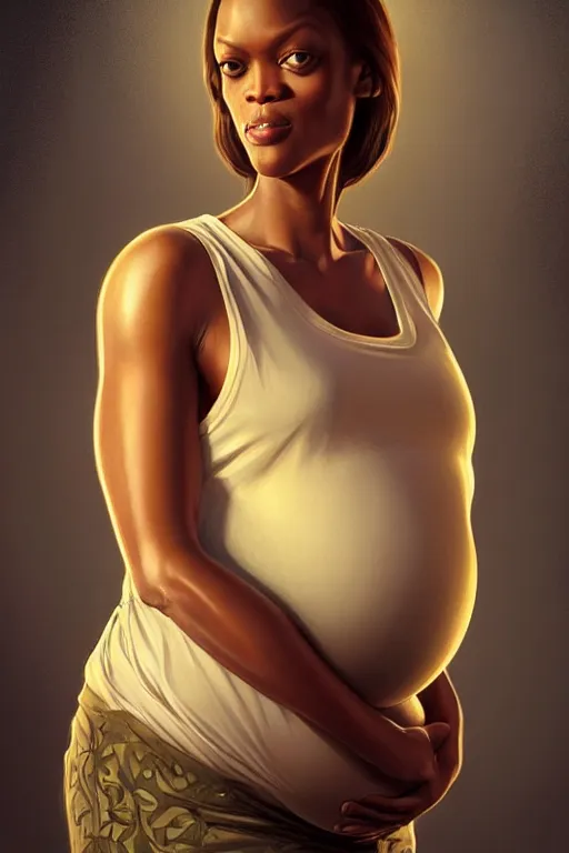 Image similar to pregnant tyra banks in a tank top, realistic portrait, symmetrical, highly detailed, digital painting, artstation, concept art, smooth, sharp focus, illustration, cinematic lighting, art by artgerm and greg rutkowski and alphonse mucha